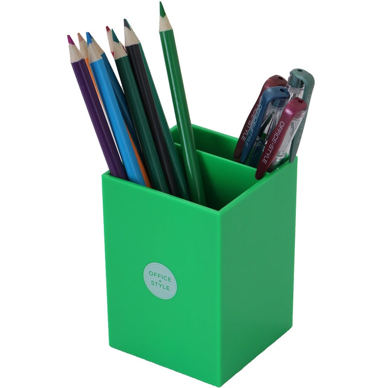 Office Style Office + Style Square Pen Pencil Ruler Holder Cup Desktop Stationery Organizer, 2 Compartment, Green - Image 1